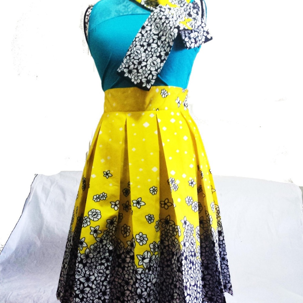African Ankara Pleated Skirt Wt Sash Sz Waist: 32"